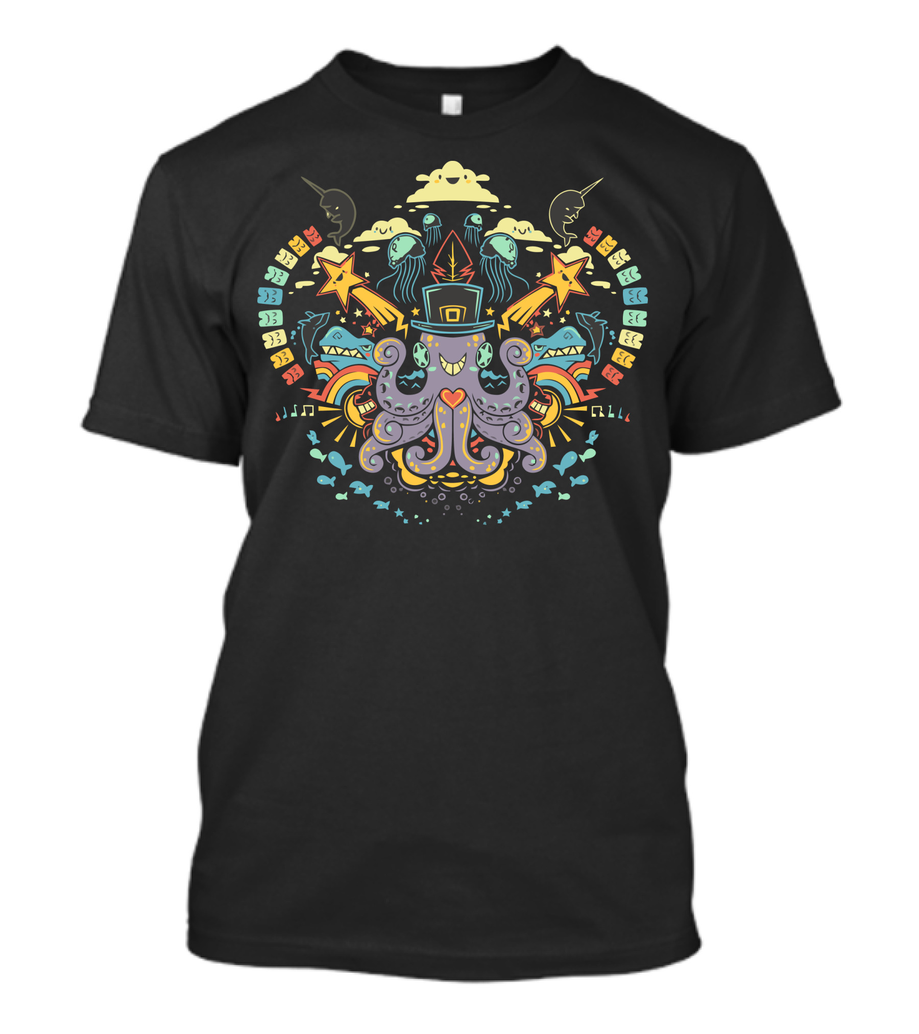 Whimsical Symmetry Octopus With Top Hat And Stars T-Shirt