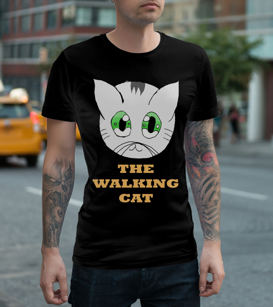 The Walking Cat Cute Cartoon Cat Face with Green Eyes T-Shirt
