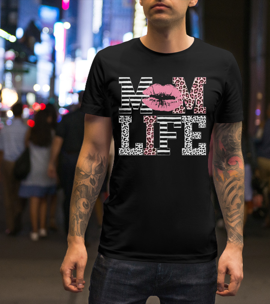Mom Life Zebra And Leopard Print With Pink Lip T-Shirt