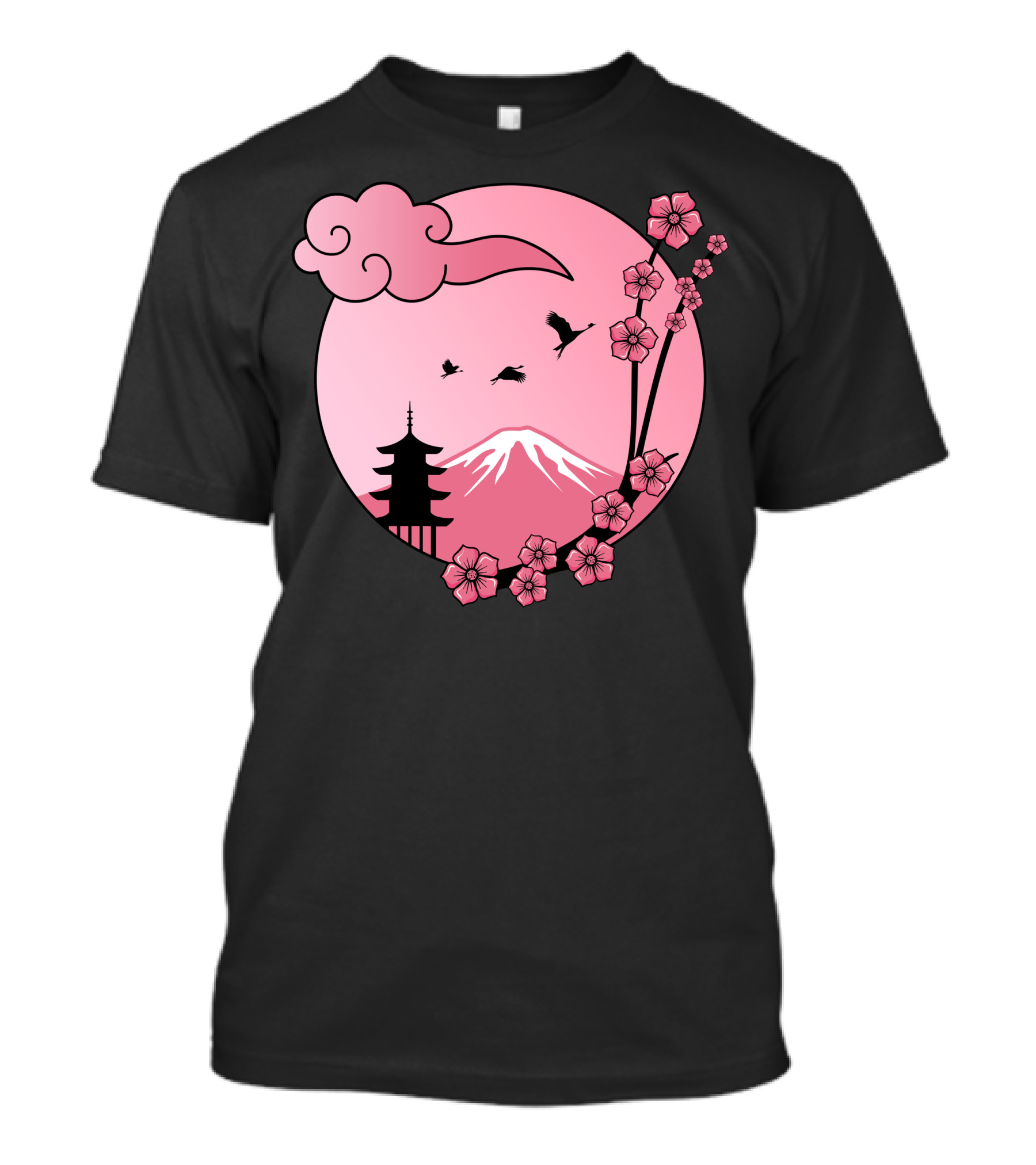 Cherry Blossom Sakura Pagoda With Pink Sun And Mountain T-Shirt