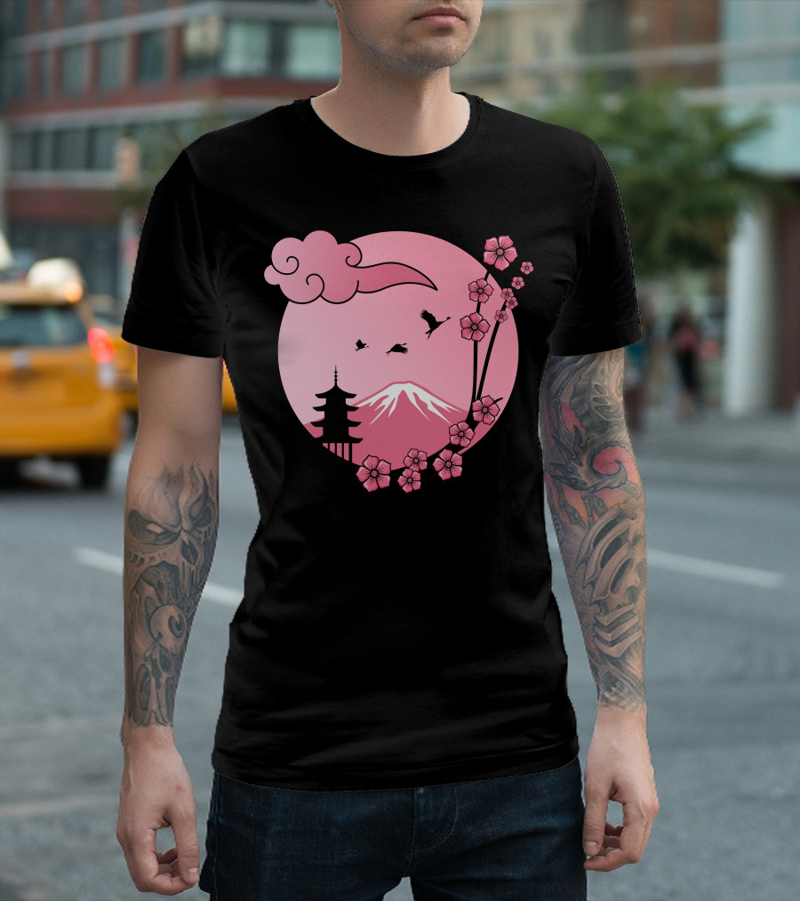 Cherry Blossom Sakura Pagoda With Pink Sun And Mountain T-Shirt
