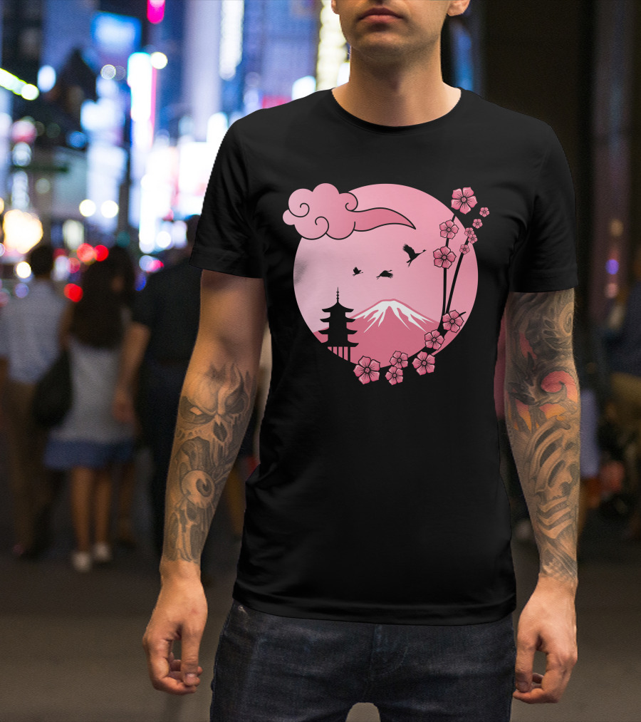 Cherry Blossom Sakura Pagoda With Pink Sun And Mountain T-Shirt