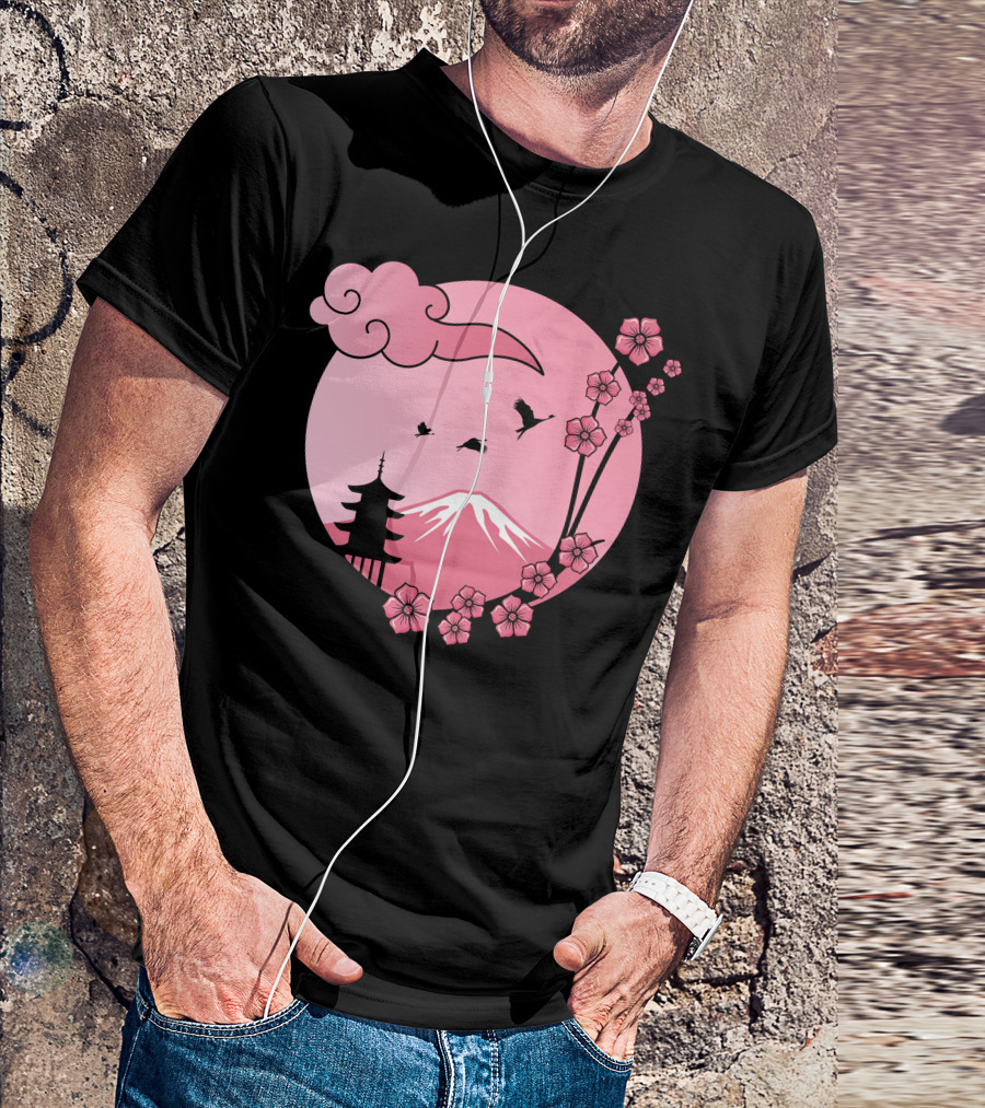 Cherry Blossom Sakura Pagoda With Pink Sun And Mountain T-Shirt