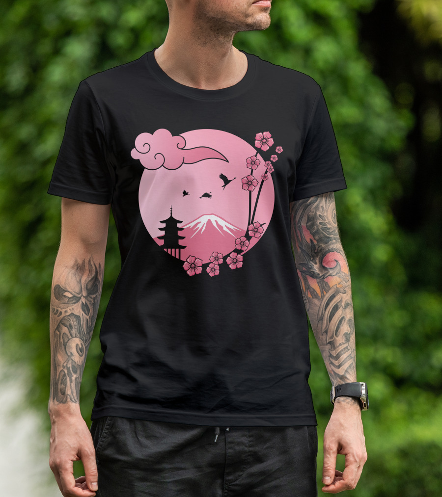 Cherry Blossom Sakura Pagoda With Pink Sun And Mountain T-Shirt