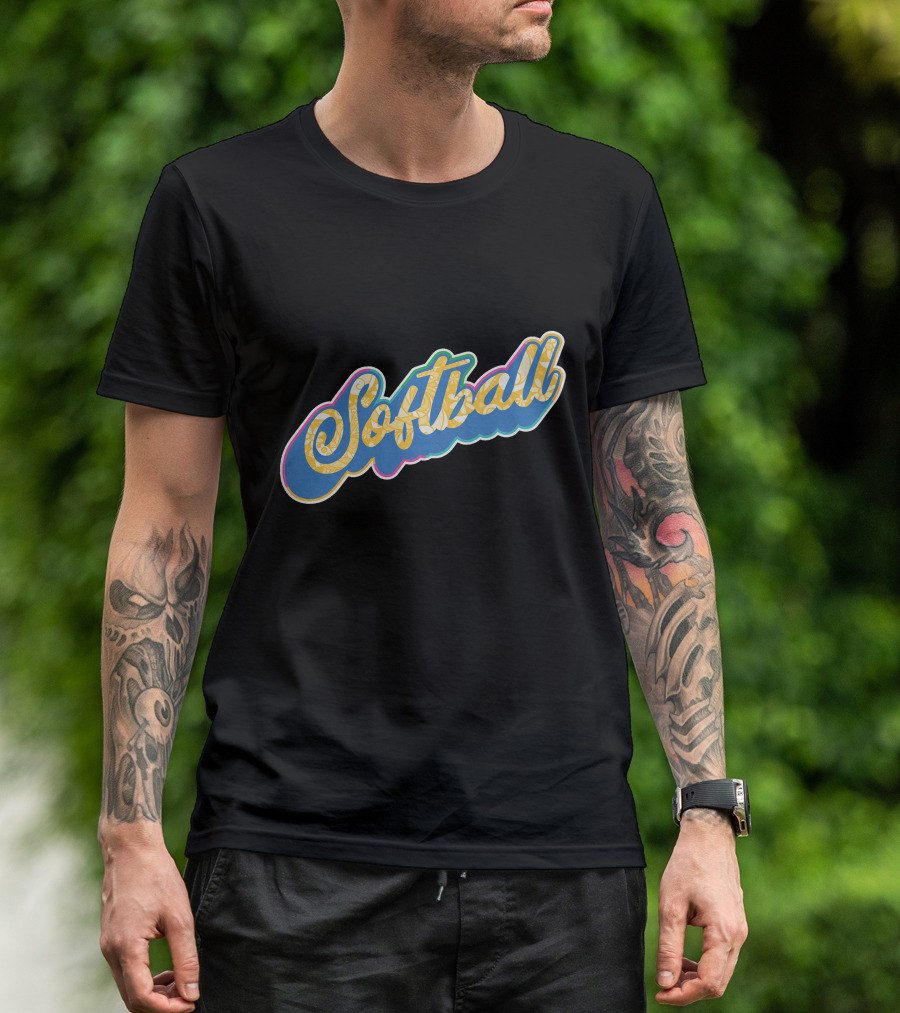 Softball Script Vintage Style Multicolor Lettering T-Shirt