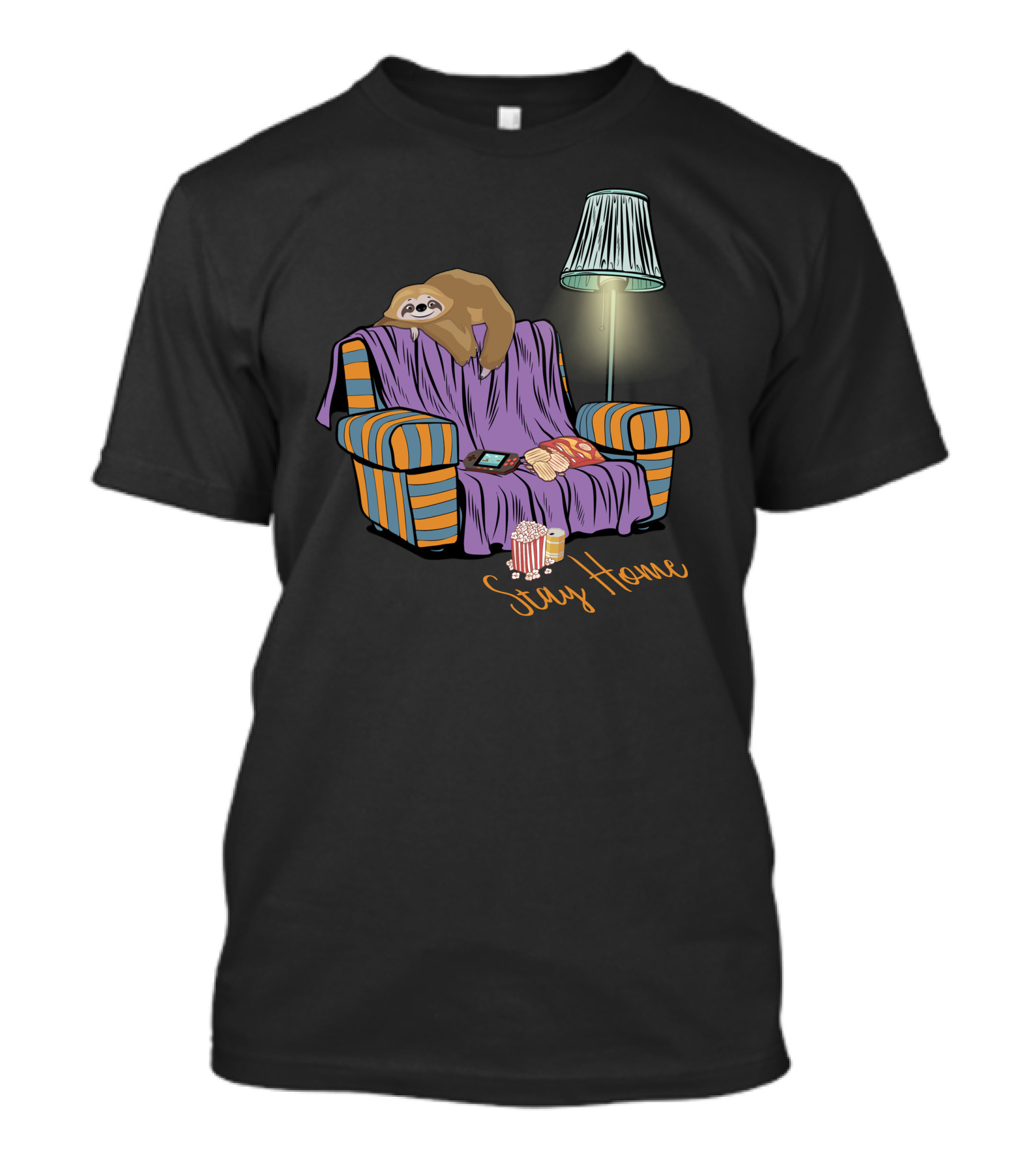 Stay Home Sloth Relaxing On Couch With Snacks And Lamp T-Shirt
