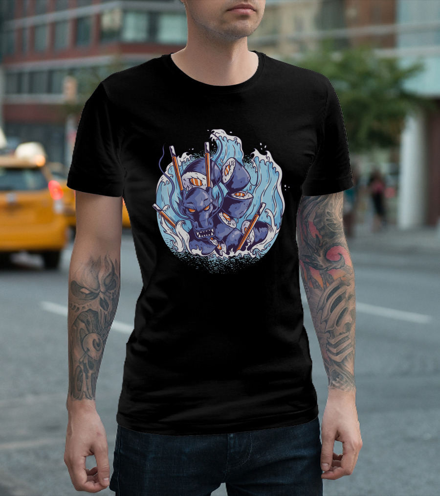 Sushi Dragon Sea Serpent with Chopsticks and Waves T-Shirt