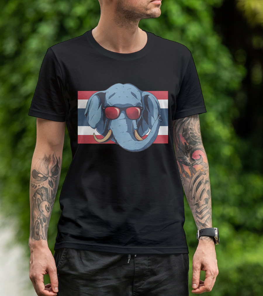 Thailand Elephant Wearing Sunglasses With Flag Background T-Shirt