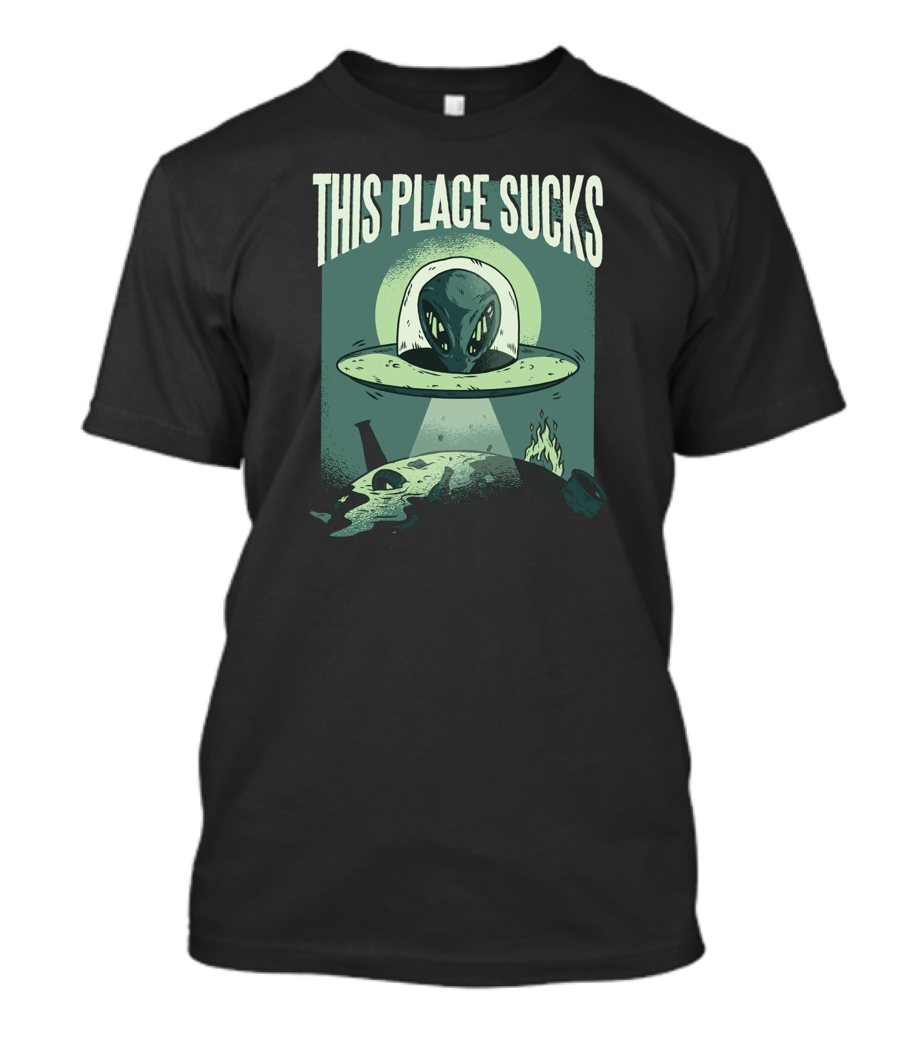 This Place Sucks UFO Alien Abduction On Destroyed Earth Scene T-Shirt