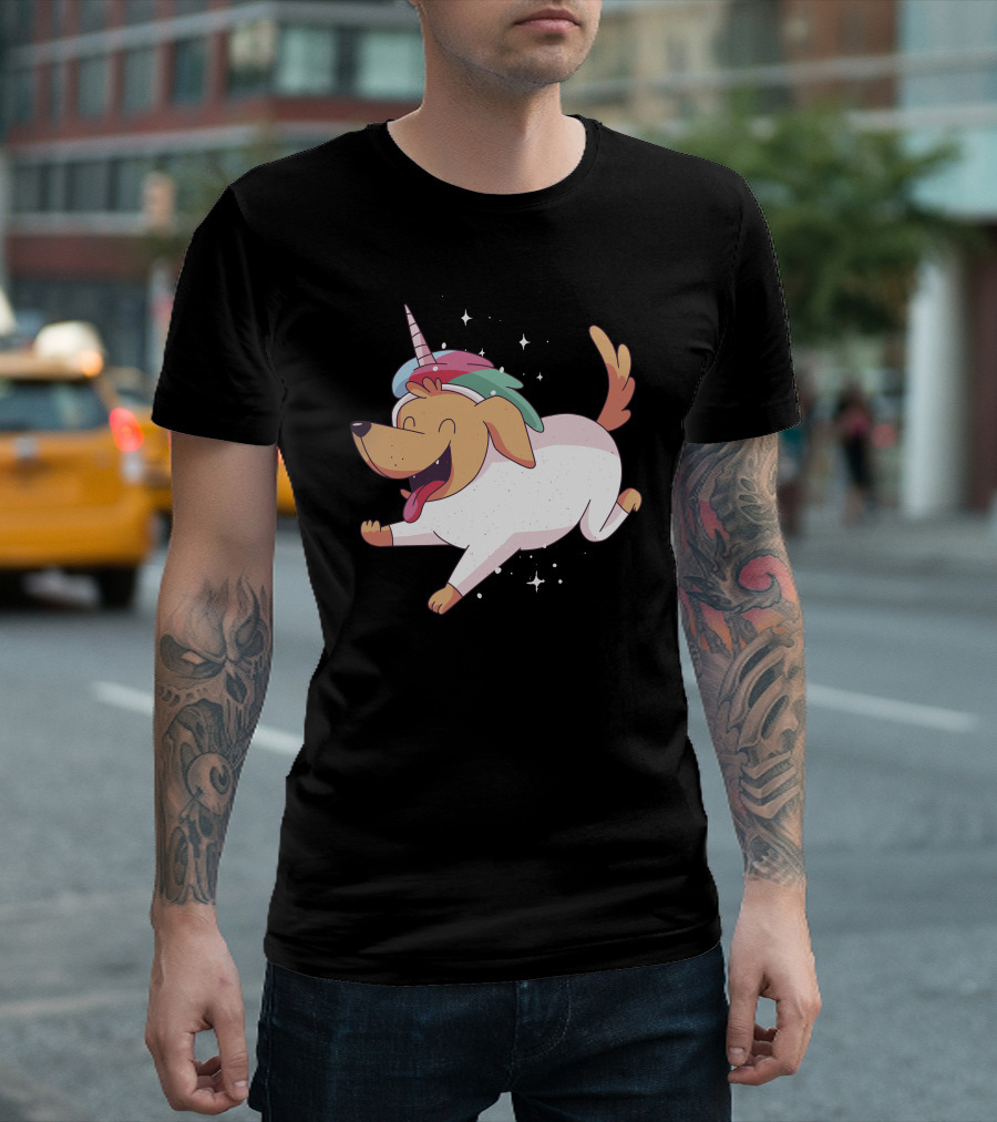 Unicorn Dog Running With Colorful Horn And Sparkling Stars T-Shirt