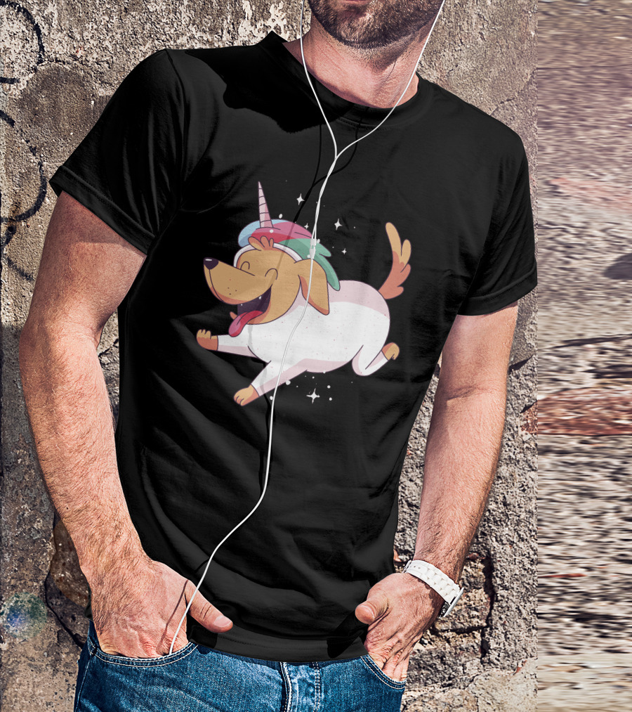 Unicorn Dog Running With Colorful Horn And Sparkling Stars T-Shirt