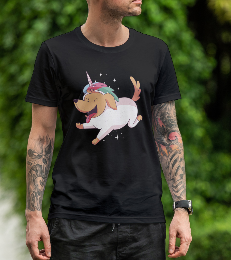 Unicorn Dog Running With Colorful Horn And Sparkling Stars T-Shirt