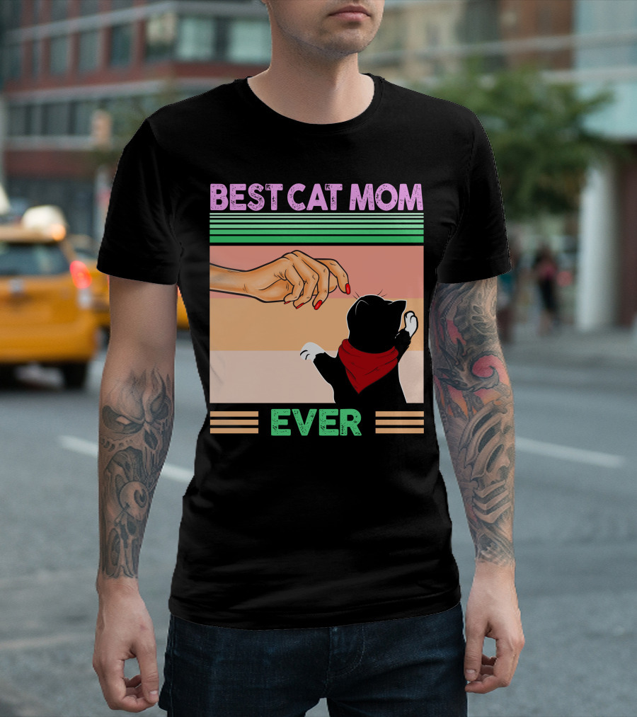 Best Cat Mom Ever Vintage Retro Stripes Cat And Human Hand Interaction T-Shirt