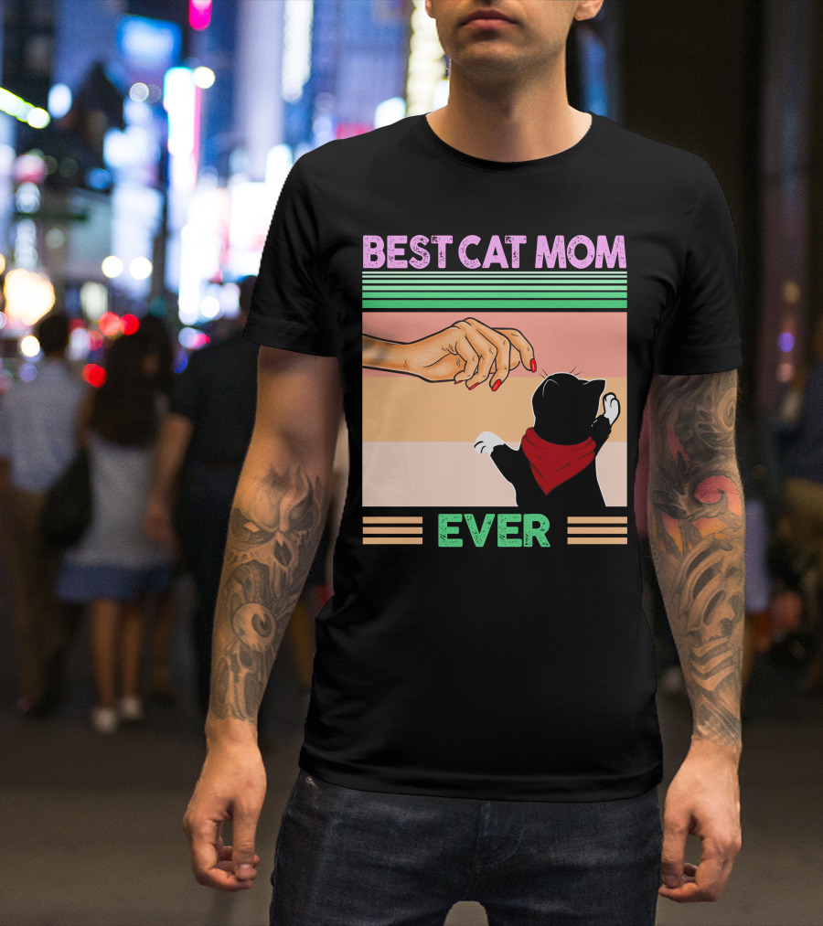 Best Cat Mom Ever Vintage Retro Stripes Cat And Human Hand Interaction T-Shirt