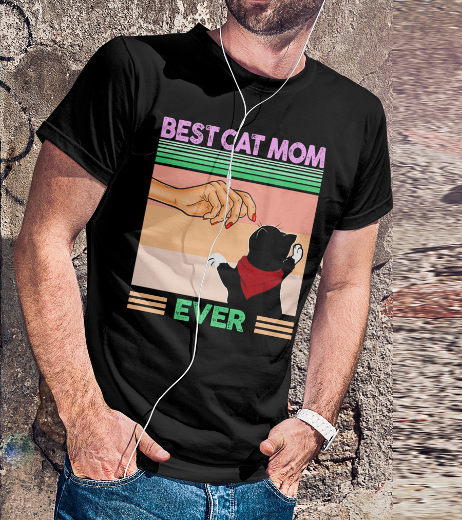 Best Cat Mom Ever Vintage Retro Stripes Cat And Human Hand Interaction T-Shirt