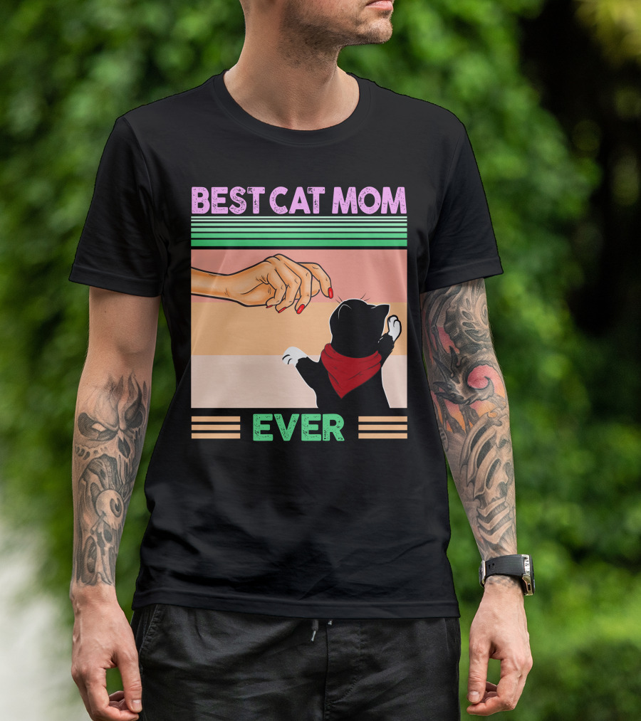 Best Cat Mom Ever Vintage Retro Stripes Cat And Human Hand Interaction T-Shirt