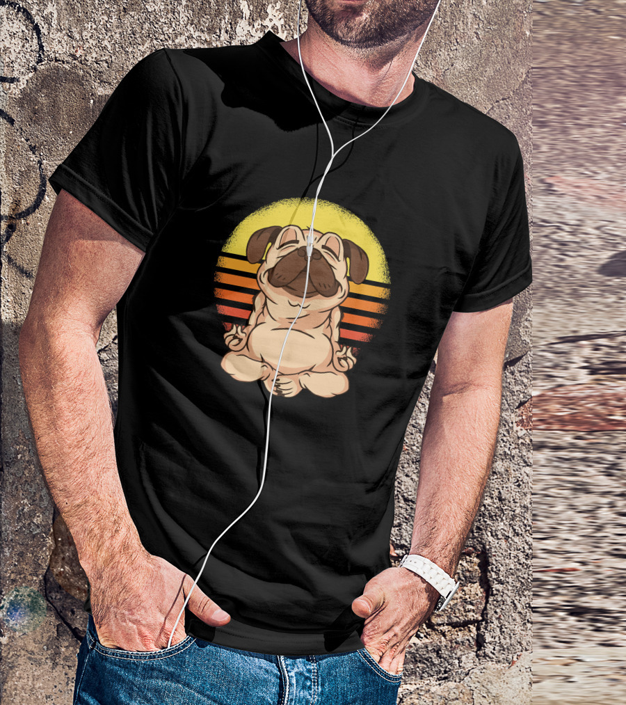 Yoga Pug Meditating In Retro Sunset T-Shirt