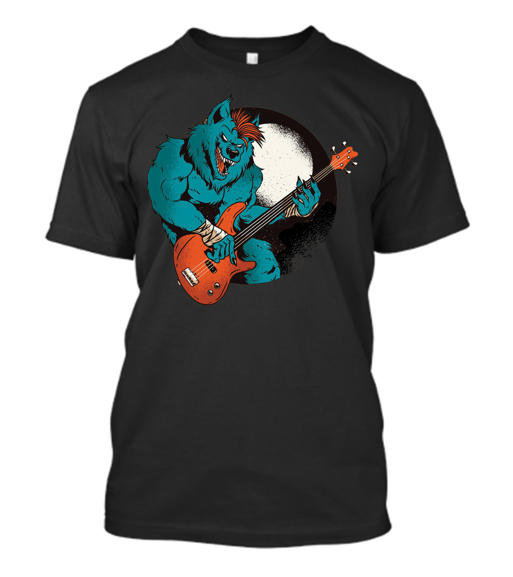 Werewolf Rocking Out Under Full Moon With Electric Bass Guitar T-Shirt