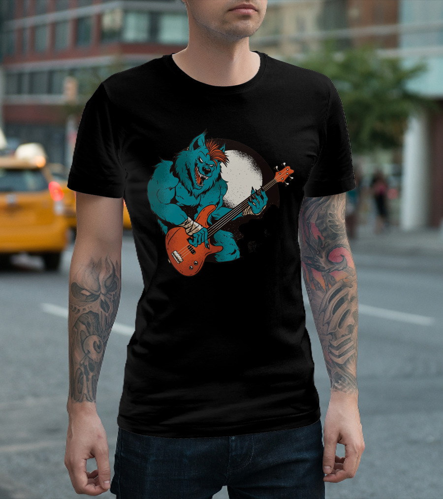 Werewolf Rocking Out Under Full Moon With Electric Bass Guitar T-Shirt