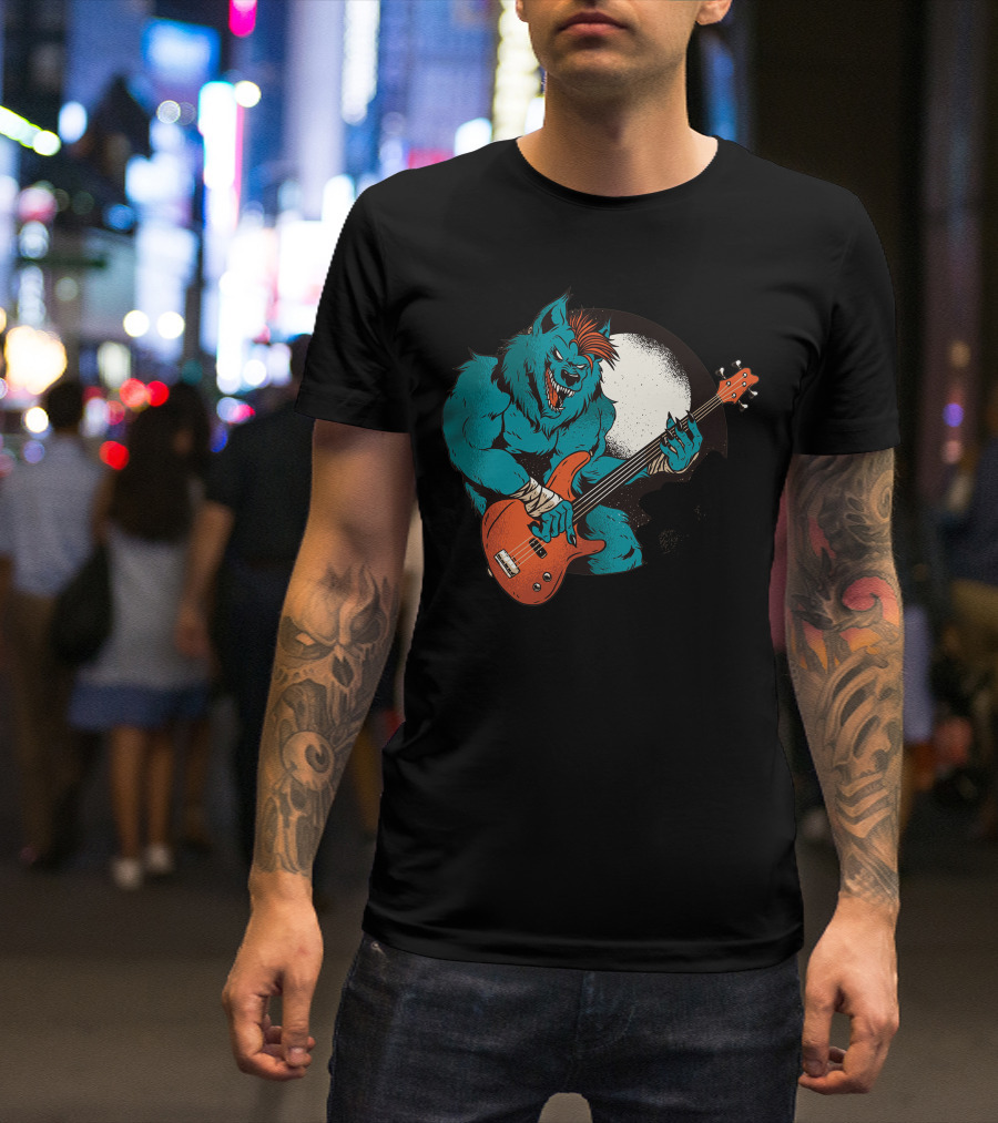 Werewolf Rocking Out Under Full Moon With Electric Bass Guitar T-Shirt