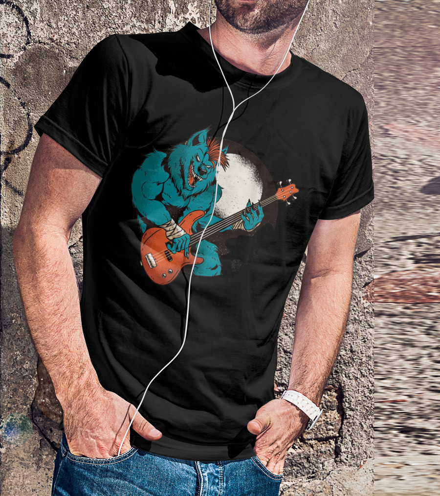 Werewolf Rocking Out Under Full Moon With Electric Bass Guitar T-Shirt