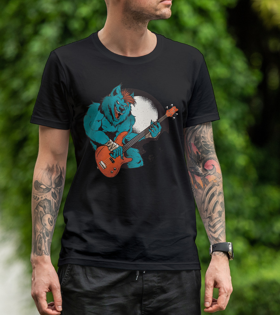 Werewolf Rocking Out Under Full Moon With Electric Bass Guitar T-Shirt