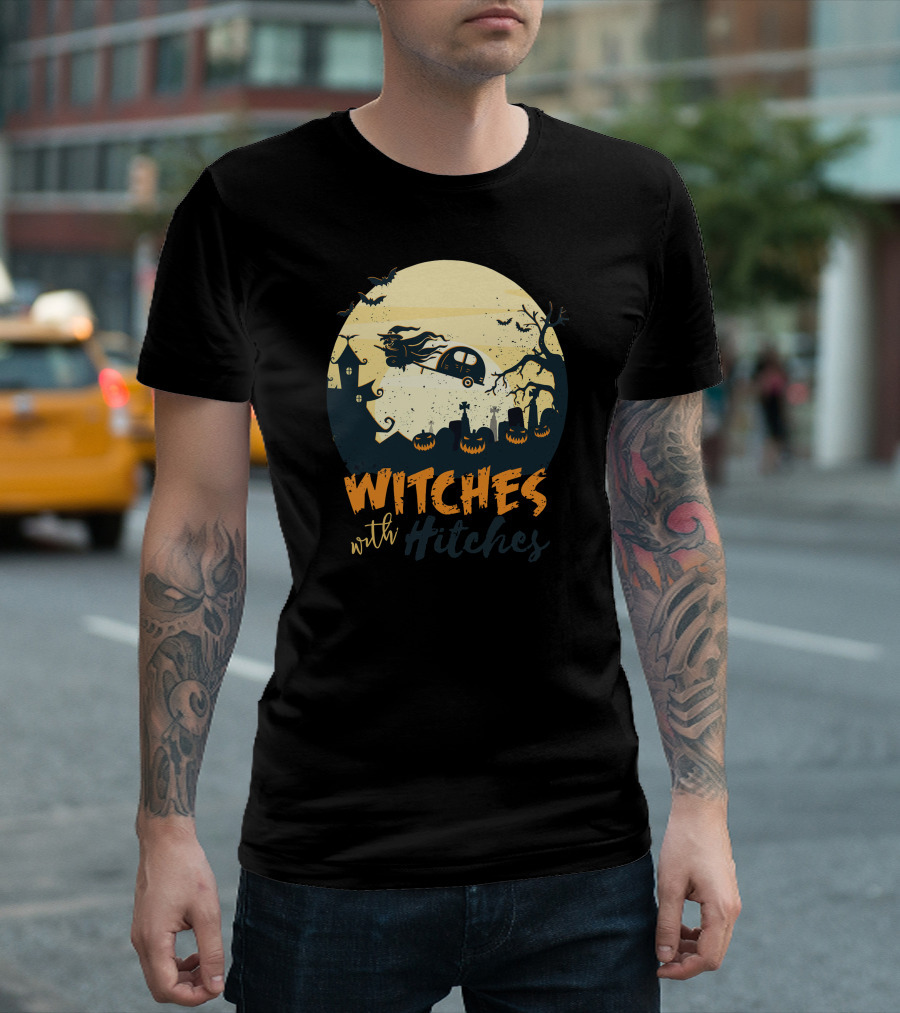Halloween Moon Night Witches with Hitches Campers and Pumpkins T-Shirt
