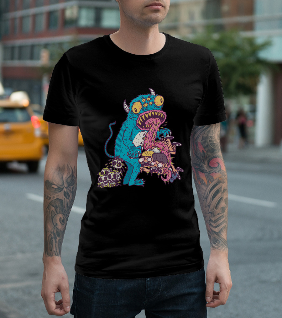 Alieneatshuman Monster Creature Devouring Humans with Skull Pile T-Shirt