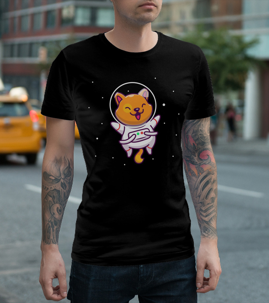 Astronaut Cat Floating Blissfully In Space With Stars T-Shirt