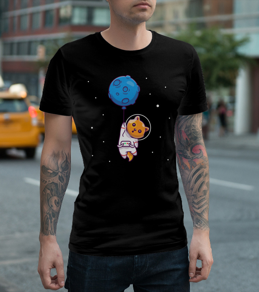 Astronaut Cat Holding Planet Balloon in Space Galaxy T-Shirt