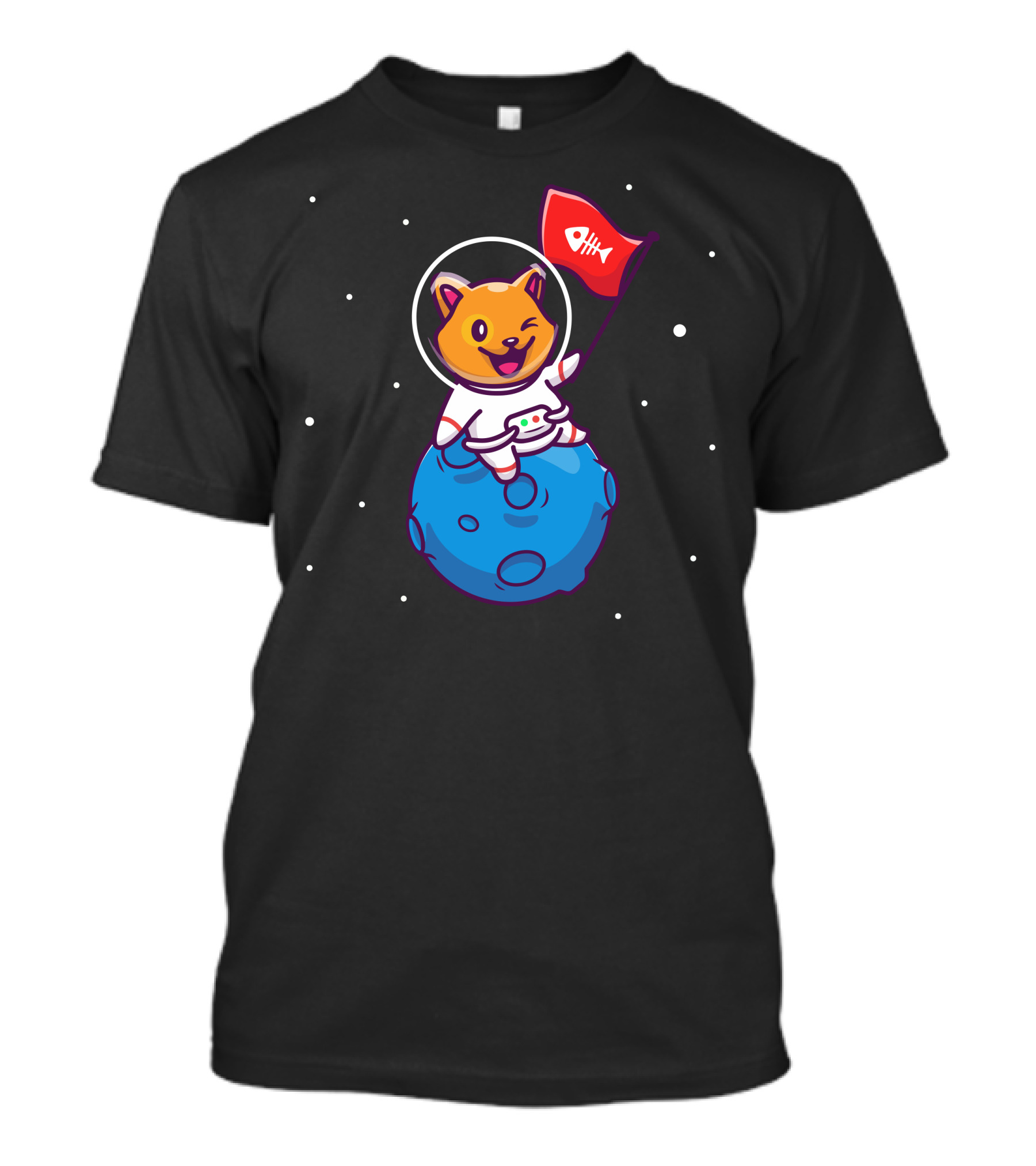 Astronaut Cat Holding Red Fish Bone Flag On Moon T-Shirt