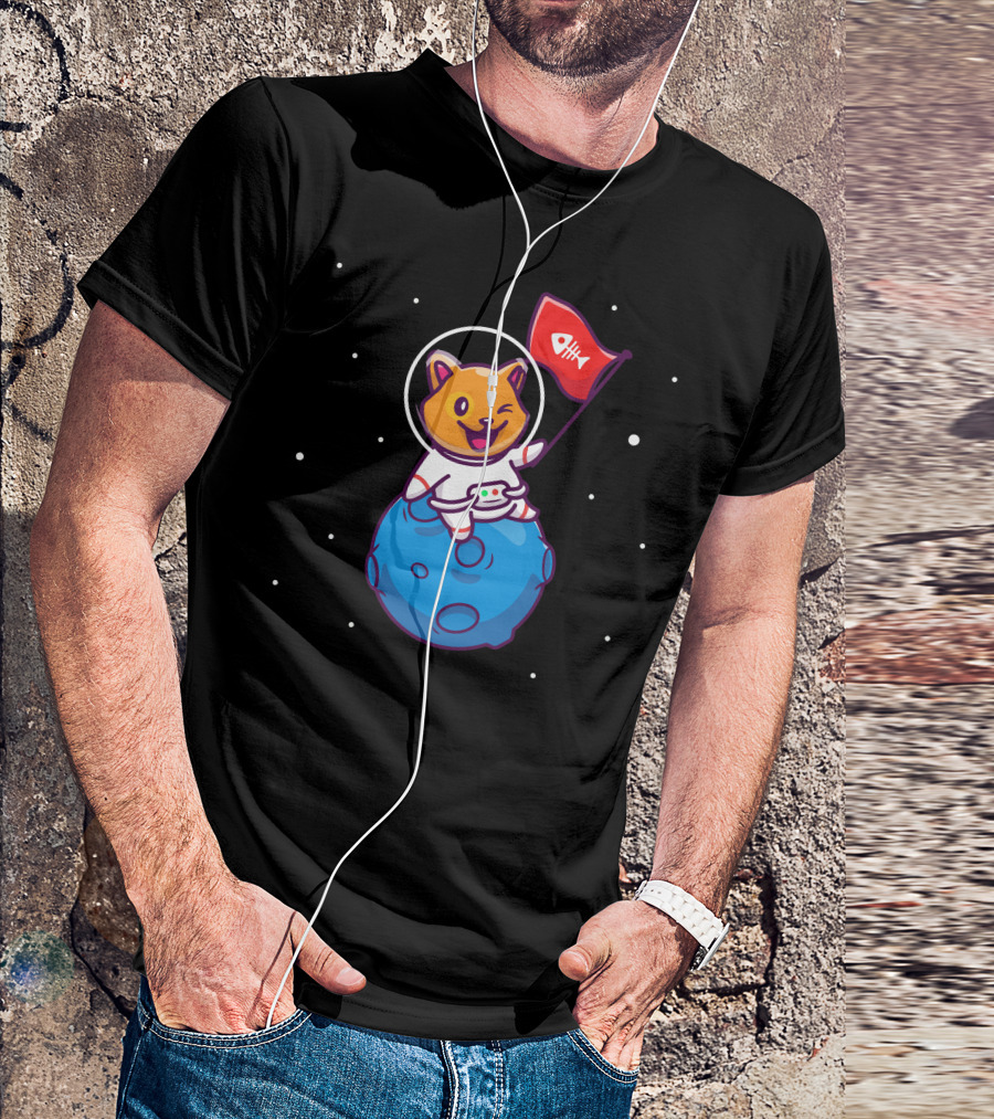 Astronaut Cat Holding Red Fish Bone Flag On Moon T-Shirt