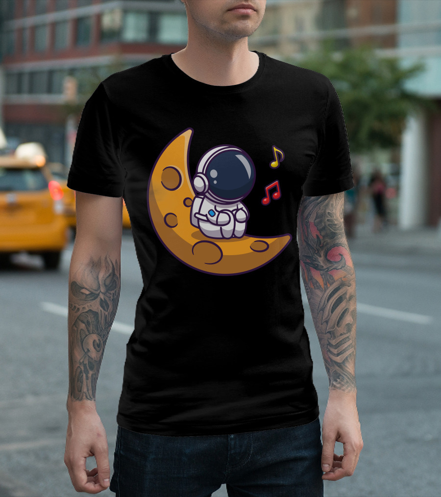 Astronaut On Crescent Moon With Colorful Musical Notes T-Shirt