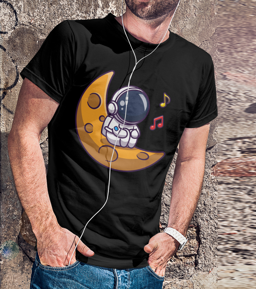 Astronaut On Crescent Moon With Colorful Musical Notes T-Shirt