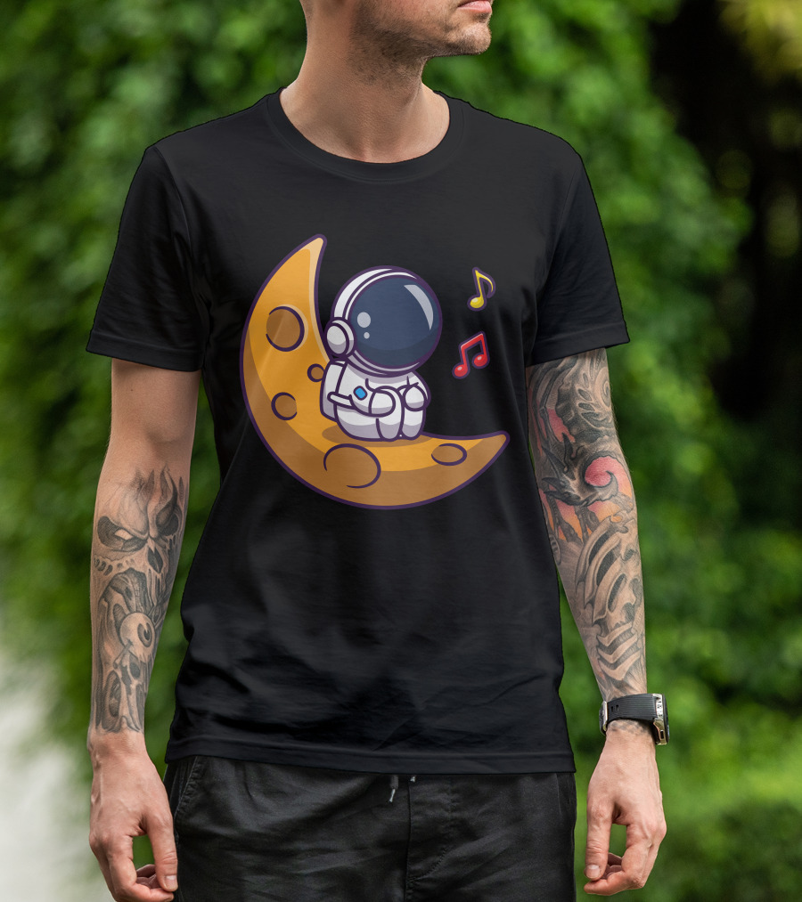 Astronaut On Crescent Moon With Colorful Musical Notes T-Shirt