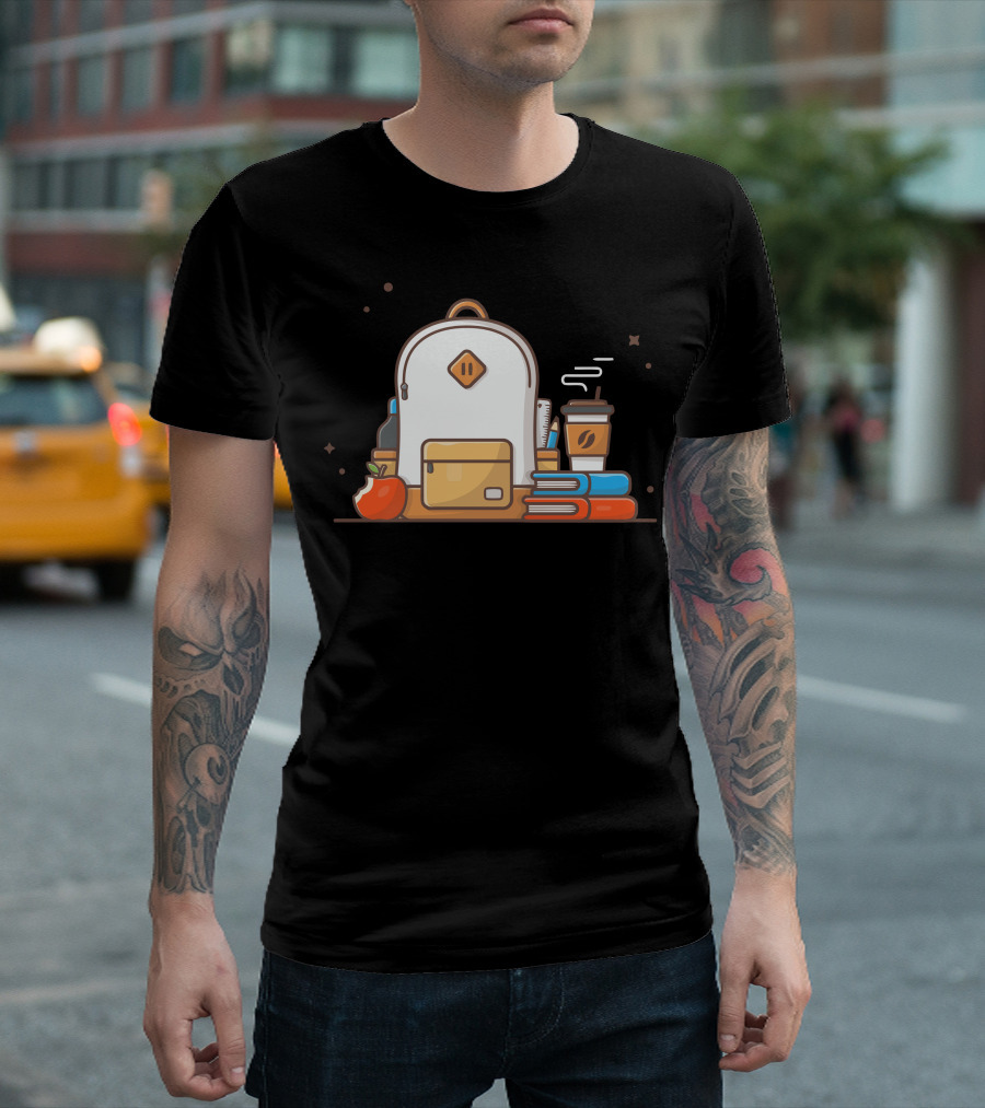 Backpack with Apple, Books, and Coffee Cup T-Shirt