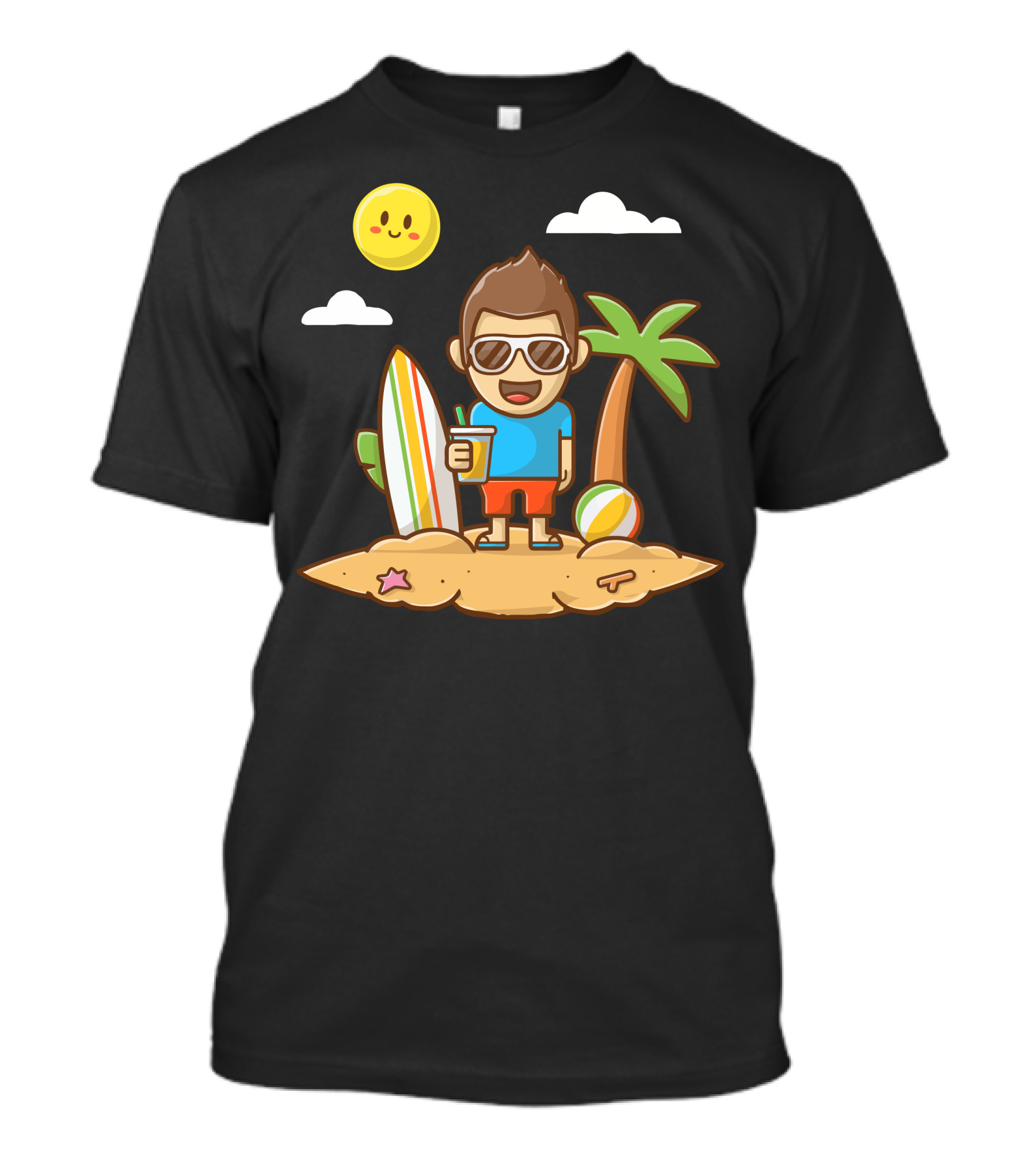 Boy Enjoying Summer On Beach With Surfboard And Tropical Vibes T-Shirt