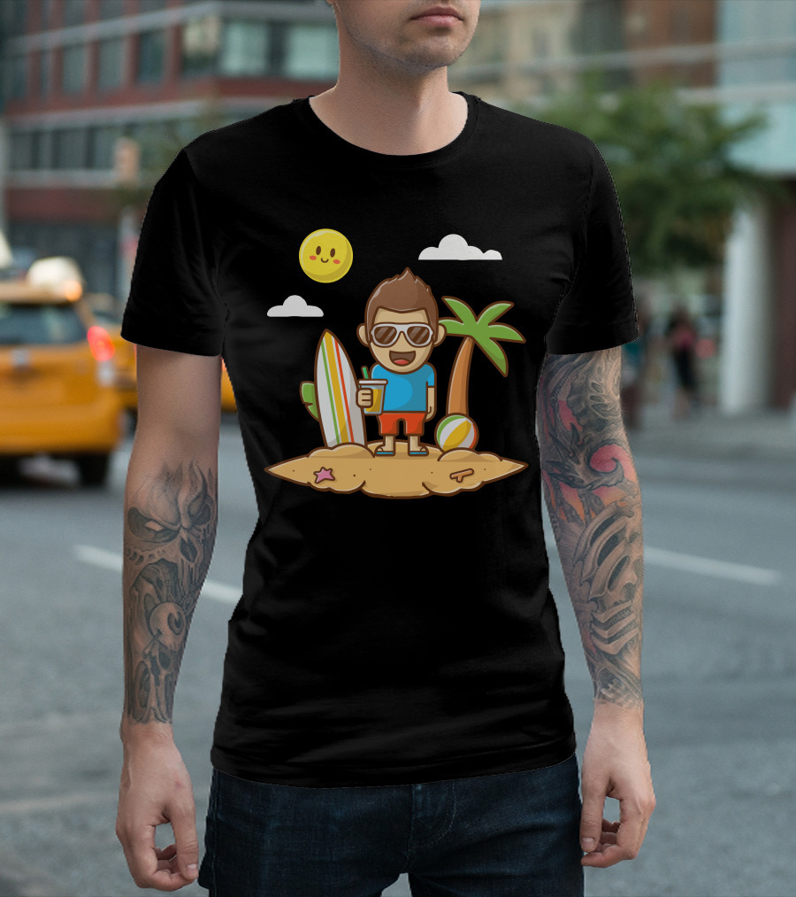 Boy Enjoying Summer On Beach With Surfboard And Tropical Vibes T-Shirt