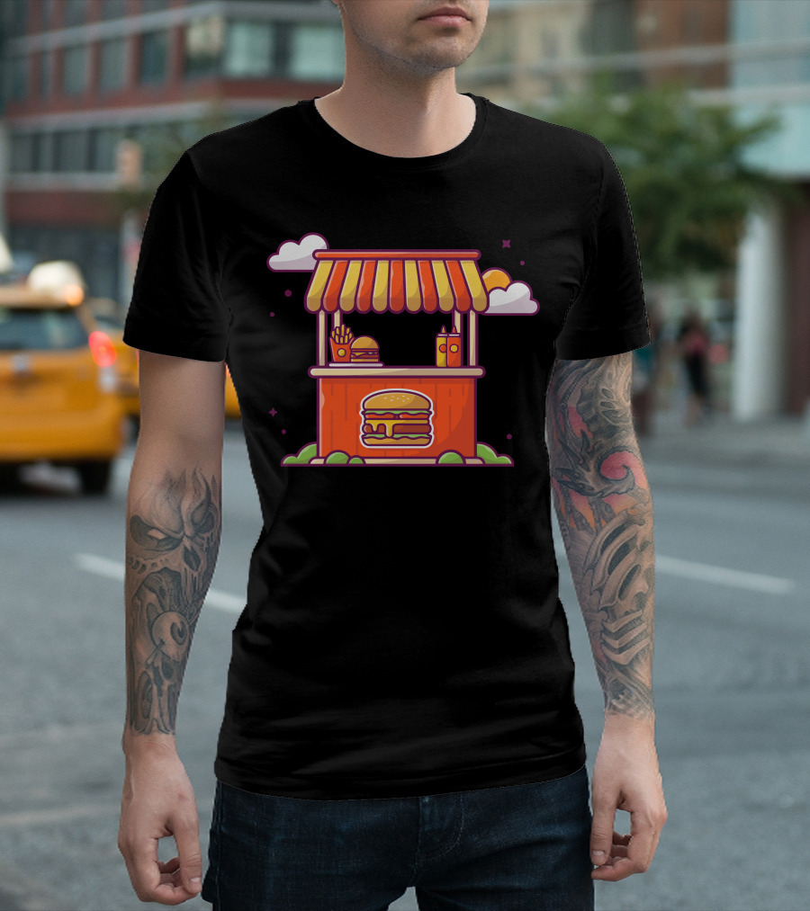 Burger Stand Fast Food Shop with Burger Fries and Sauce T-Shirt