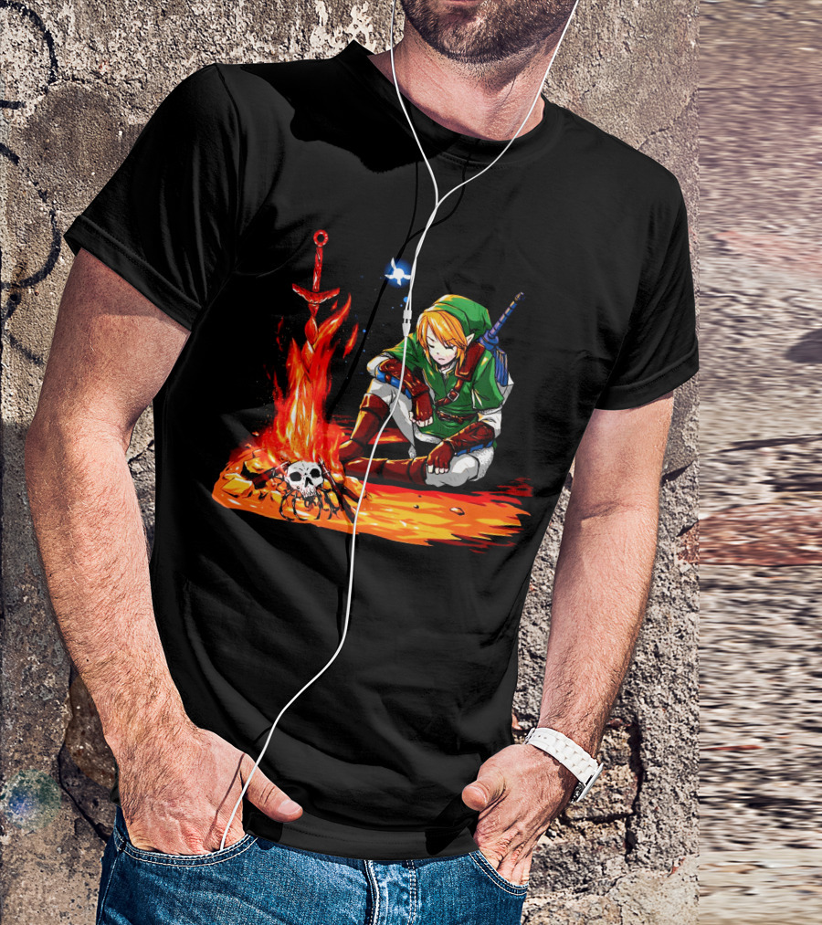 Dark Link Flame Sword Skull Campfire Scene T-Shirt