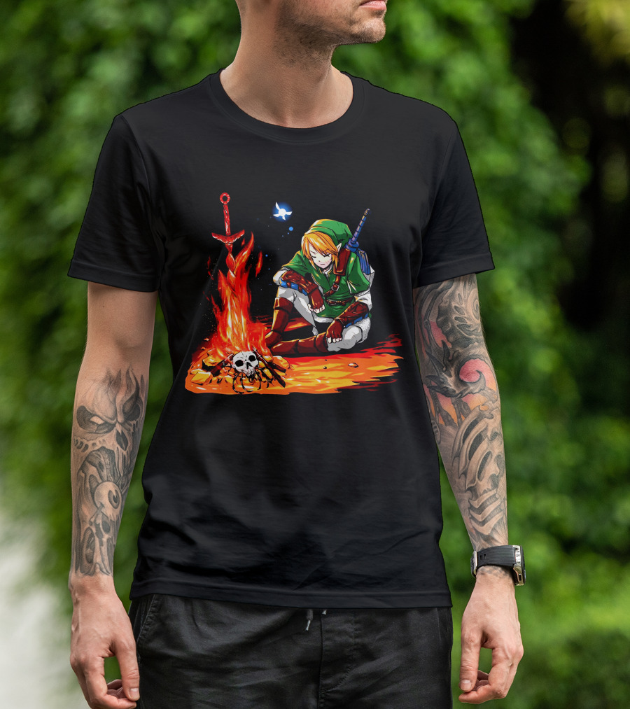 Dark Link Flame Sword Skull Campfire Scene T-Shirt