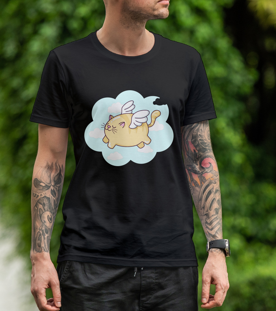 Flying Cat With Wings And Clouds In Cartoon T-Shirt