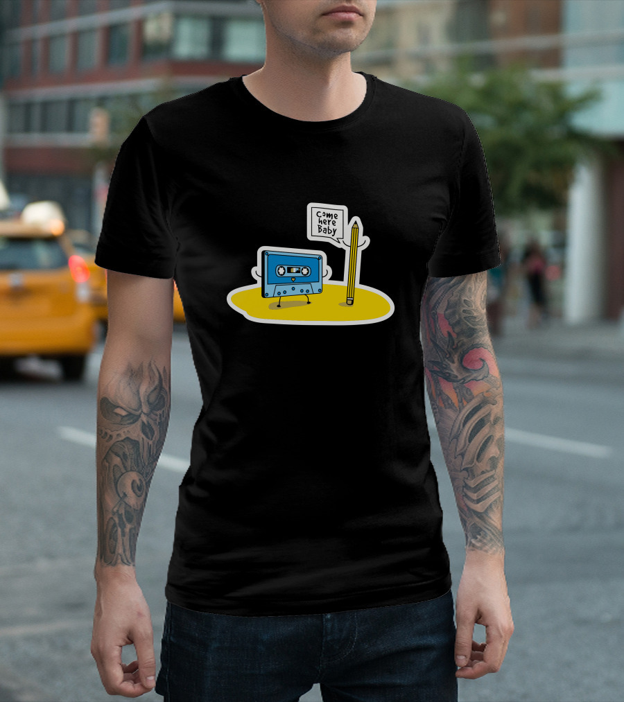 Cartoon Cassette Tape Says Come Here Baby to Pencil T-Shirt