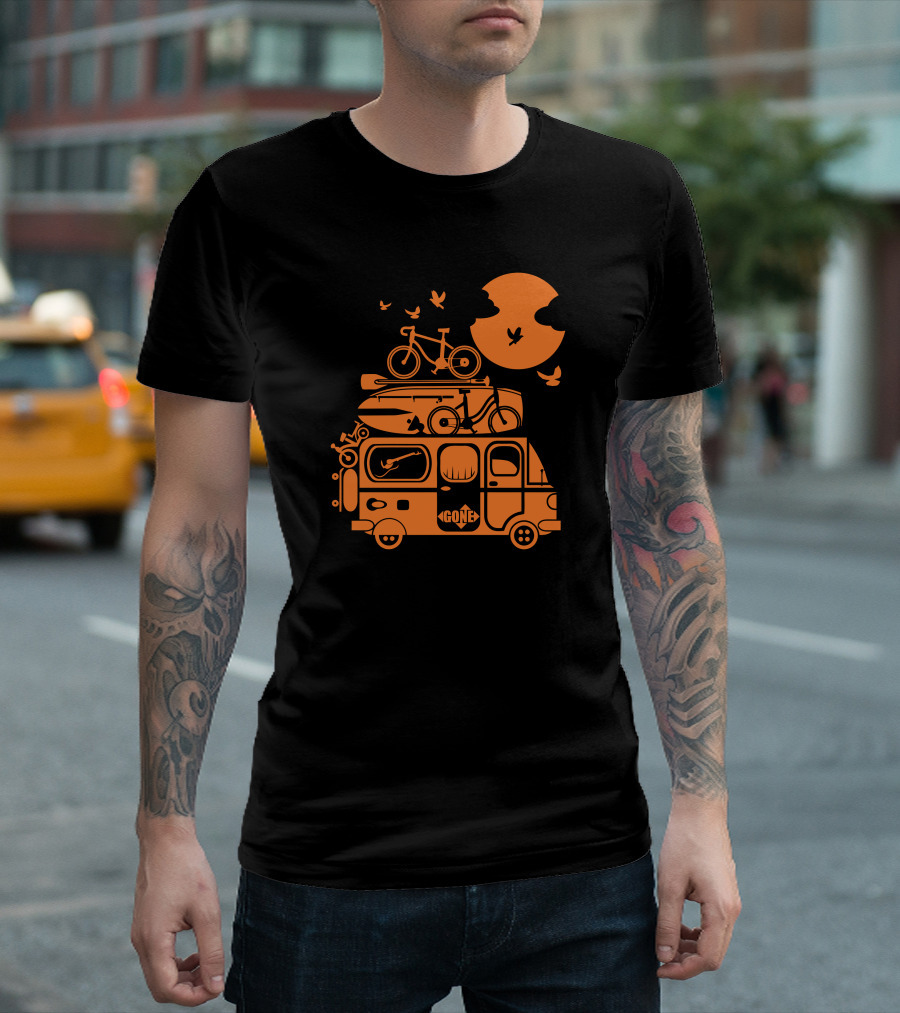Gone Funny Family Vacation Camper Van With Bikes And Surfboards T-Shirt