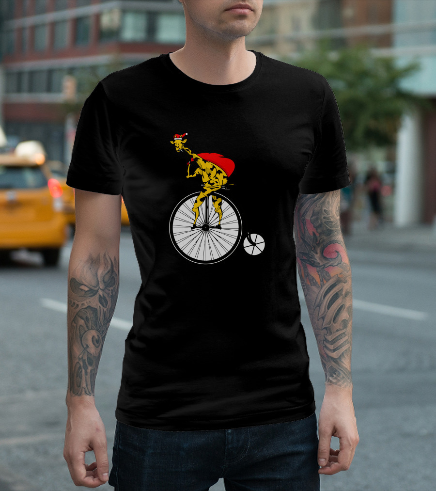 Santa Giraffe Riding Vintage Bicycle With Red Cape And Hat T-Shirt