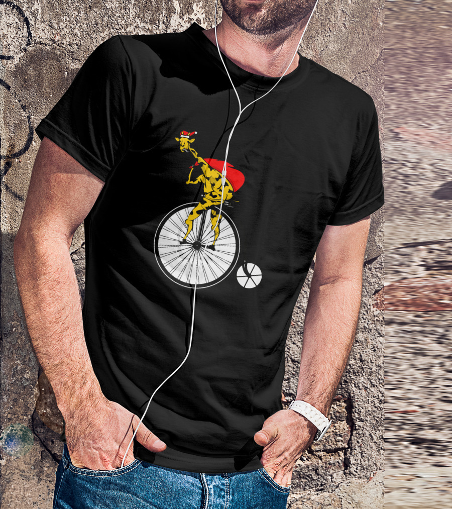 Santa Giraffe Riding Vintage Bicycle With Red Cape And Hat T-Shirt