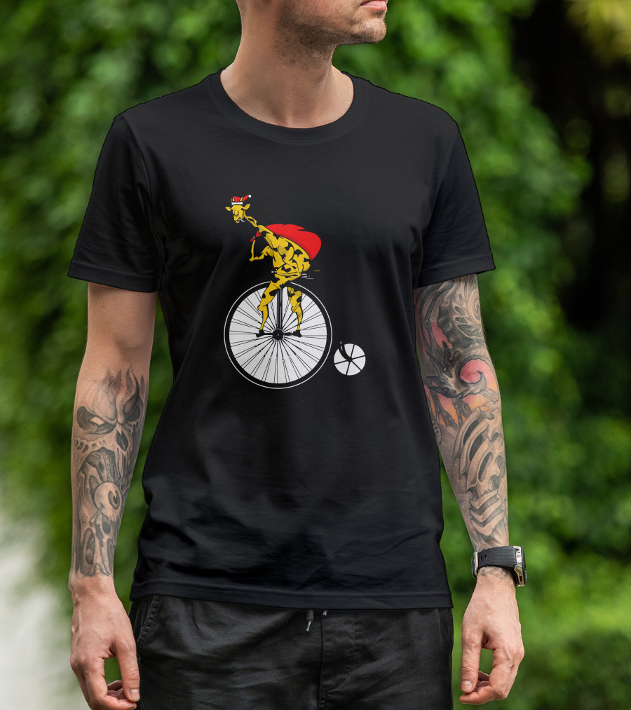 Santa Giraffe Riding Vintage Bicycle With Red Cape And Hat T-Shirt