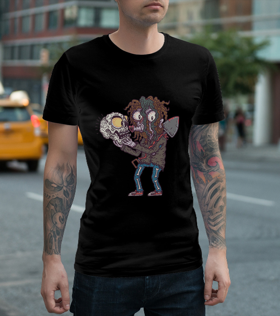Gravetaker Undead Gravedigger Holding Skull with Shovel and Heart Eyes T-Shirt