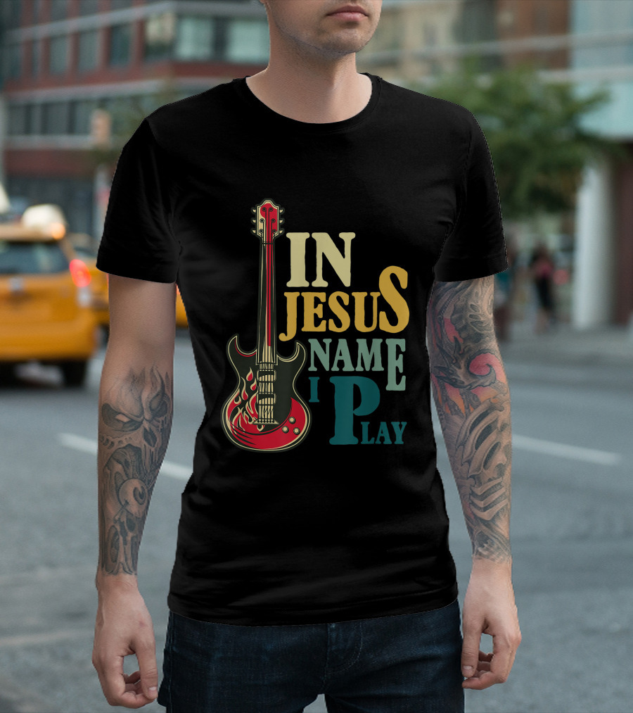 In Jesus Name I Play Guitar Red Electric Flames T-Shirt