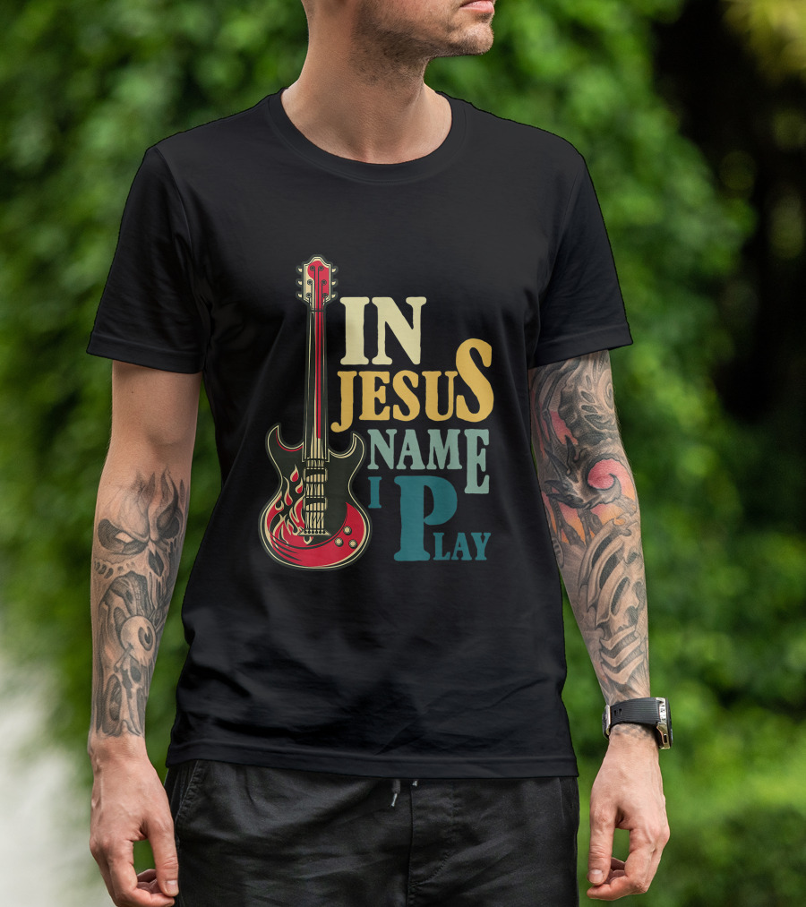 In Jesus Name I Play Guitar Red Electric Flames T-Shirt